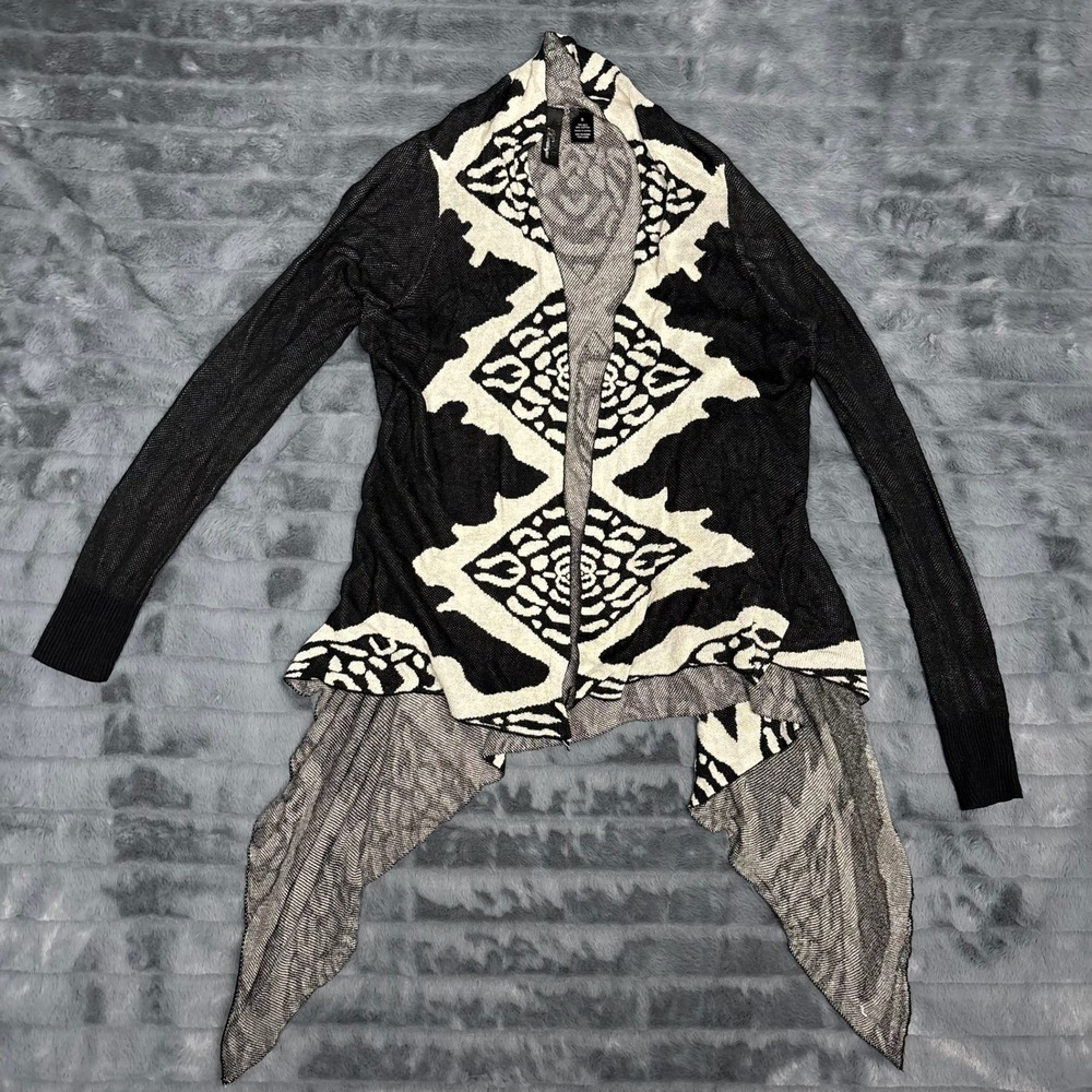 Luxe Boutique Silk Cotton Cardigan Black White Geometric Draped Open Front S